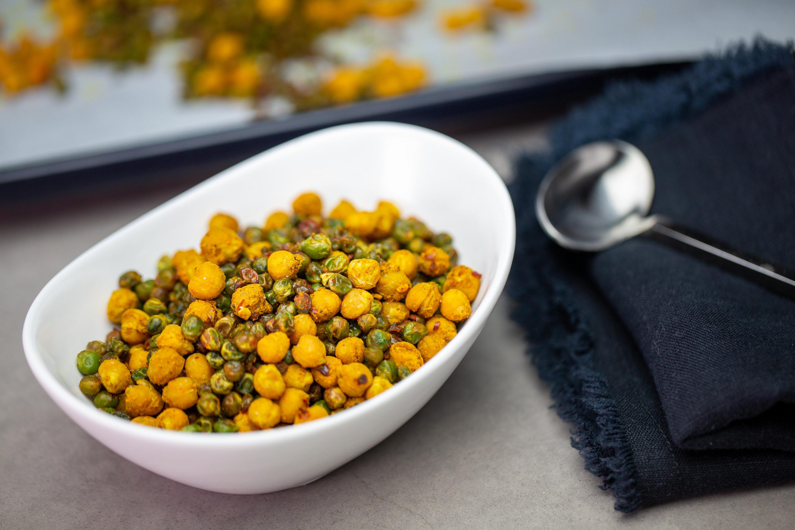 spicy roasted chickpeas and pea bar snack